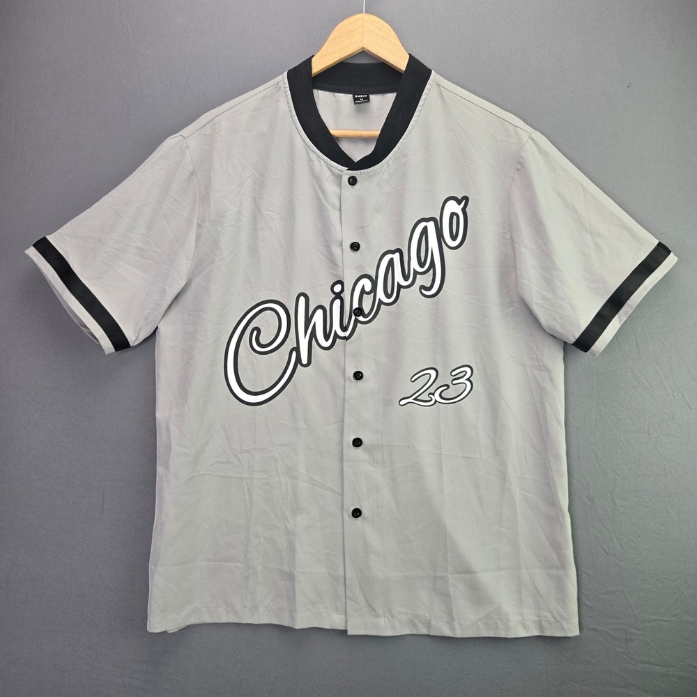 SHEIN Chicago 23 Baseball Jersey Shirt Size M Grey Black Button Up Streetwear